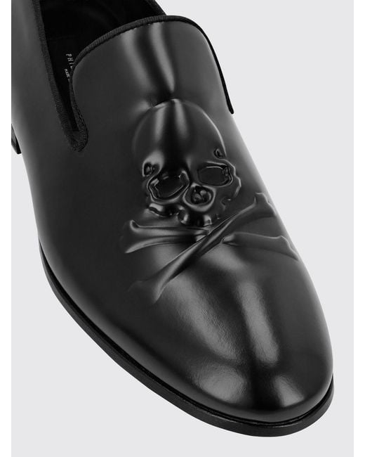 Philipp Plein Black Leather Loafers With Embossed Skull for men