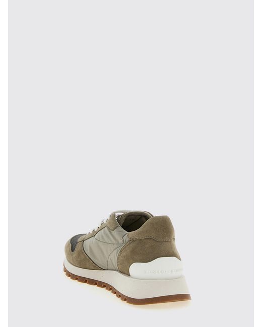 Brunello Cucinelli White Suede And Nylon Sneakers With Monile