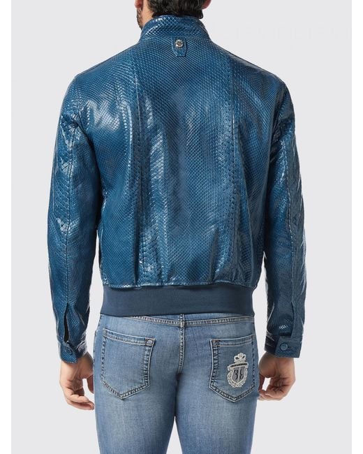 Billionaire Blue Snakeskin Leather Bomber Jacket With High Collar And Zip Closure for men