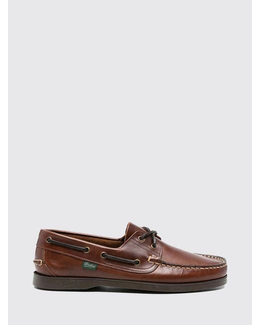 Paraboot Brown Smooth Calfskin Leather Boat Shoes With Rubber Soles for men