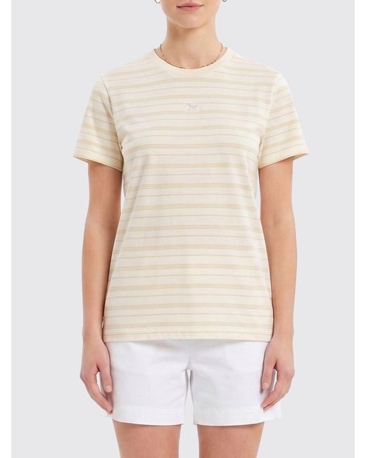 Maison Kitsuné White Maison KitsunÉ Striped Cropped Lyocell T-Shirt With Embroidered Logo
