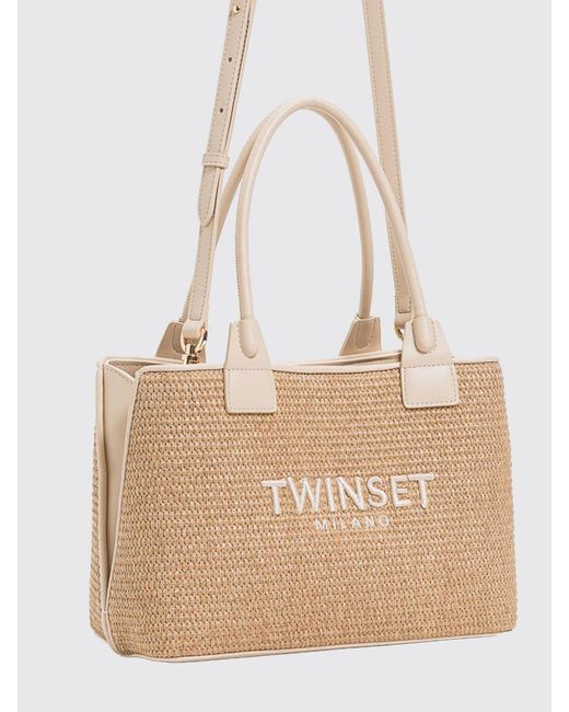 Twinset Natural Raffia Bag With Embroidered Logo