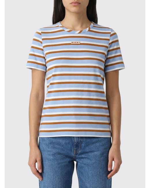 Marni Blue Striped Cotton T-Shirts With Logo