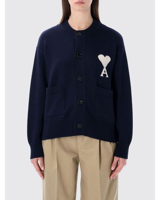 AMI Blue Wool And Cotton Logo Cardigan