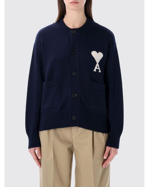 AMI Blue Wool And Cotton Logo Cardigan