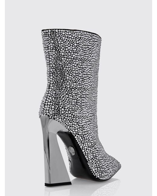 Philipp Plein Gray Almond-Toe Leather Ankle Boots With Swarovski Crystals And High Heels