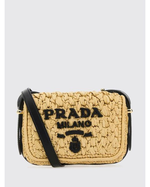 Prada Metallic Mini Raffia Shoulder Bag With Embroidered Logo