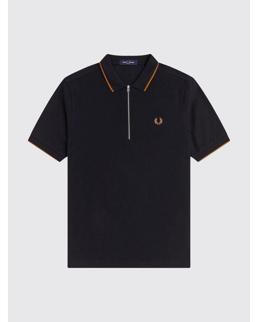Fred Perry Black Zip-Up Cotton Polo Shirt With Contrast Trims And Embroidered Logo for men