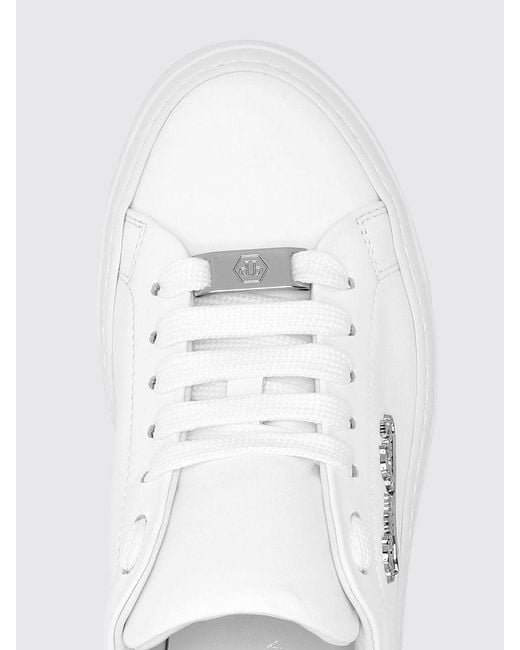 Philipp Plein White Low Top Smooth Leather Sneakers With Applied Metal Logo for men