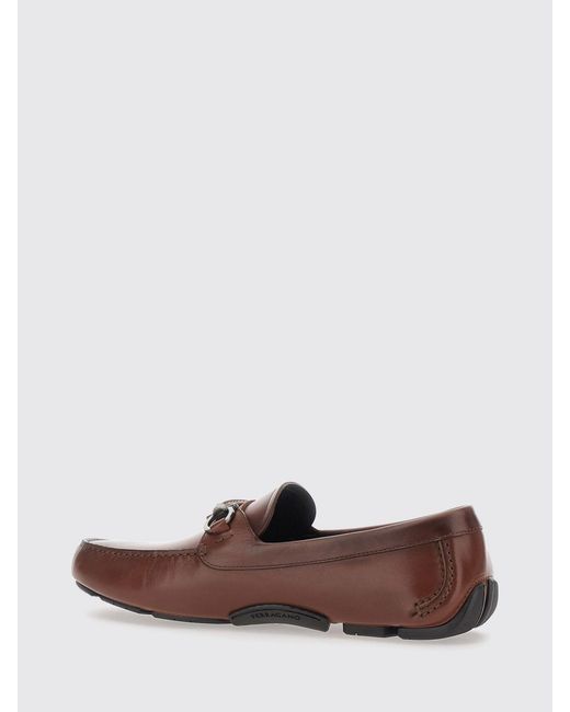 Ferragamo Brown Calfskin Driver Loafers With Metal Gancini Horsebit for men