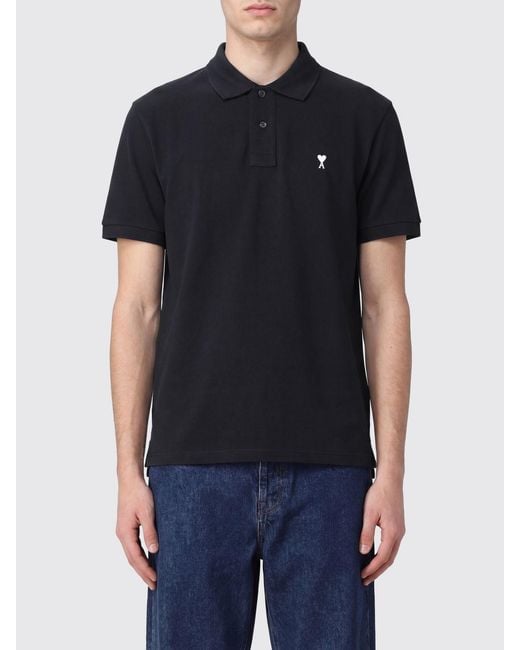 AMI Black Cotton Short-Sleeved Polo Shirt With Embroidered Logo for men