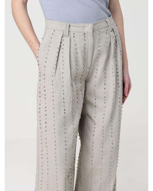Pinko Gray Wide-Leg Cotton Trousers With Rhinestones