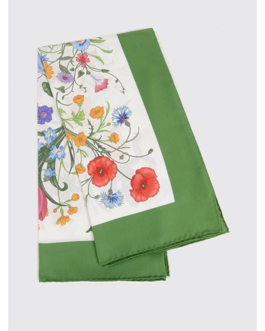 Gucci Green Silk Twill Scarf With Floral Print
