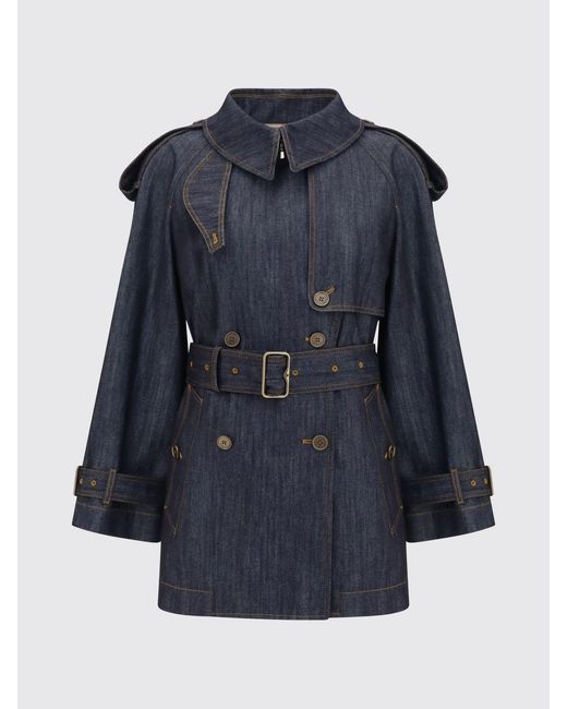 Burberry Blue Short Double-Breasted Denim Trench Coat With Epaulettes