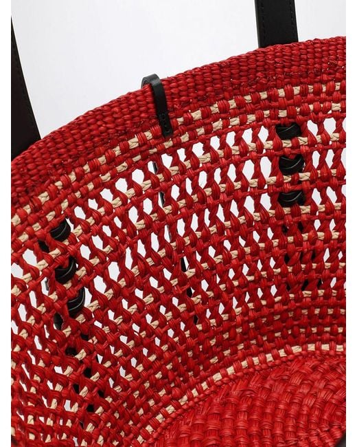 Loewe Red Small Crochet Raffia Shoulder Bag With Leather Handles