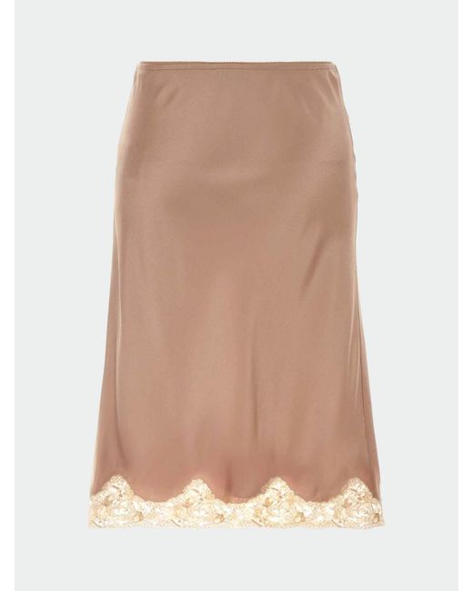 Saint Laurent Natural Satin Midi Skirt With Lace Inserts