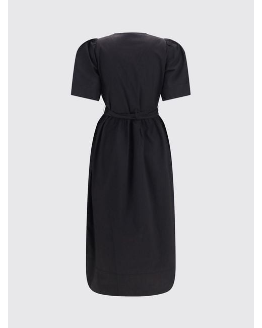 Ganni Black Stretch Cotton Midi Shirt Dress With Puff Sleeves And V-Neck