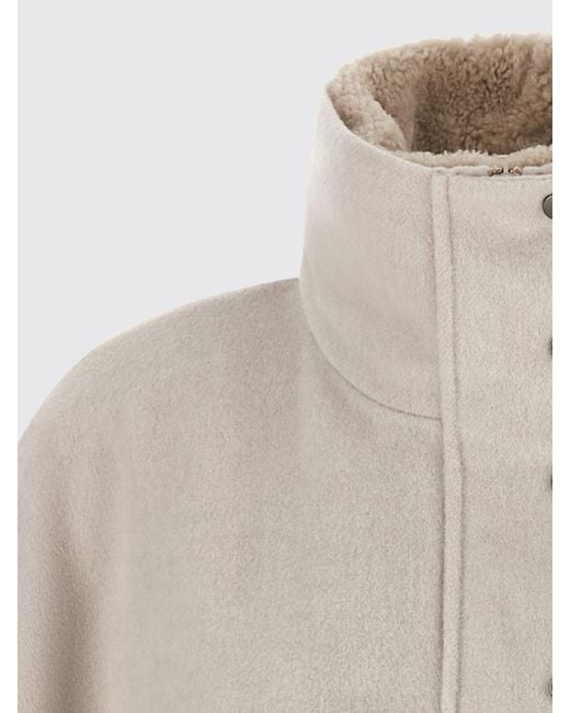 Brunello Cucinelli Natural Wool And Cashmere Short Coat With High Neck And Monili Embroidery