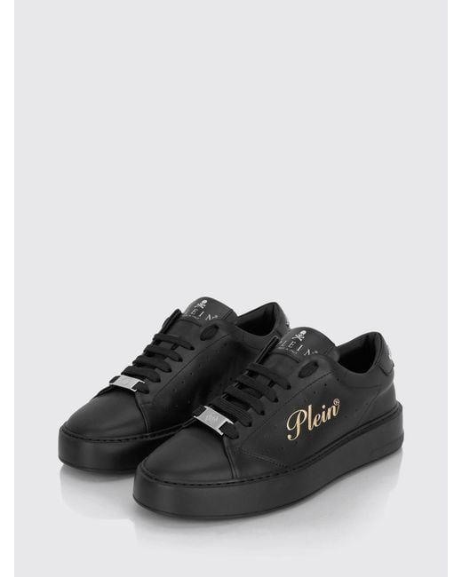 Philipp Plein Black Leather Low-Top Trainers With Chunky Sole And Laminated Logo for men