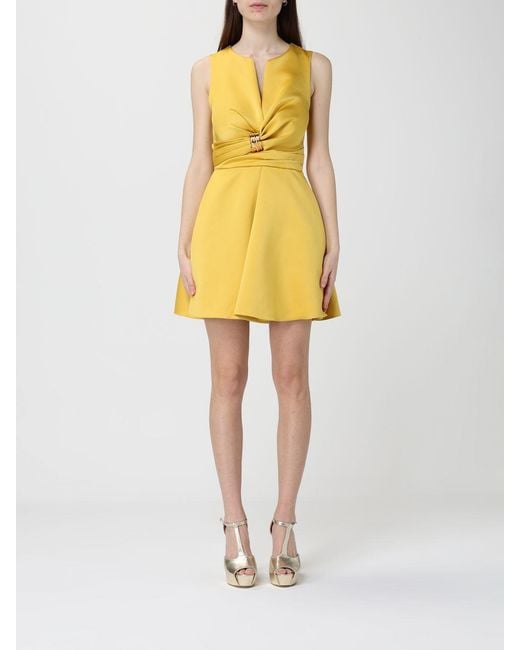 Elisabetta Franchi Yellow Duchesse Mini Dress With Jewel Detail