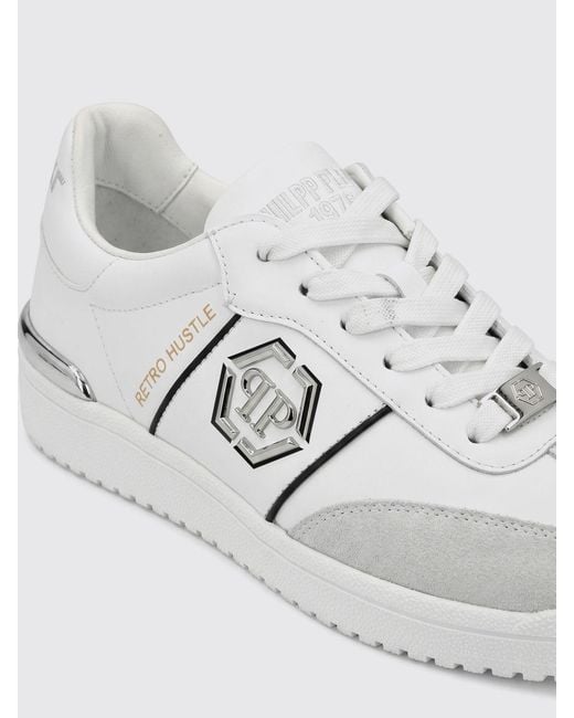 Philipp Plein White Retro Hustle Leather Sneakers With Hexagon Logo for men