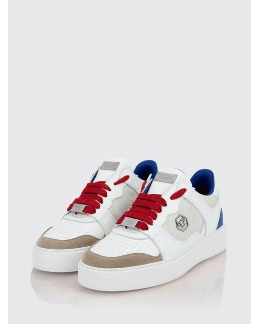 Philipp Plein White Bicolour Leather And Suede Low-Top Trainers With Hexagon Logo for men
