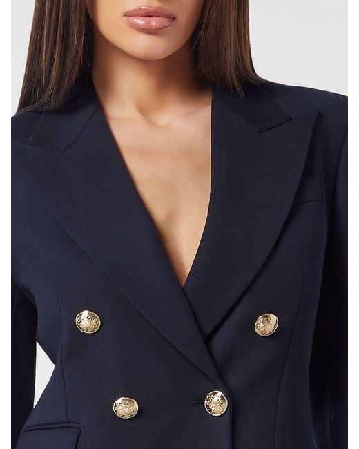 Philipp Plein Blue Slim Fit Double-Breasted Wool-Blend Blazer With Rhinestone Teddy Bear Logo