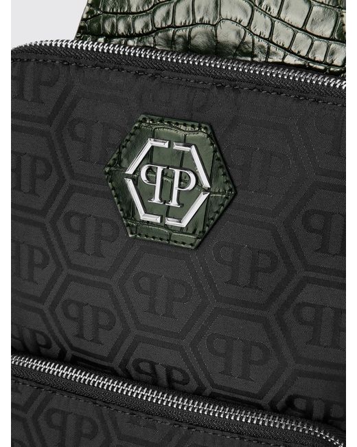Philipp Plein Black Logo Nylon And Crocodile Print Leather Bag for men