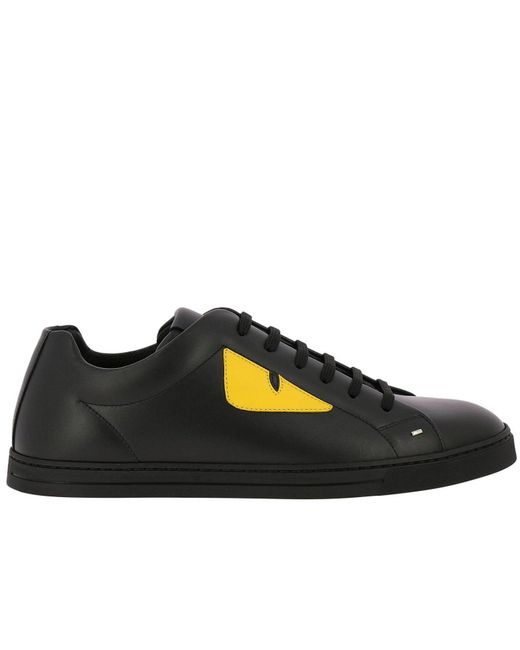 Fendi Black Monster Eyes Sneakers In Genuine Leather Lace-up With Maxi Eyes Bag Bugs for men
