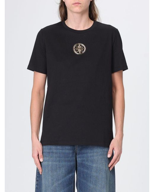 Elisabetta Franchi Black Cotton T-Shirt With Applied Metallic Logo