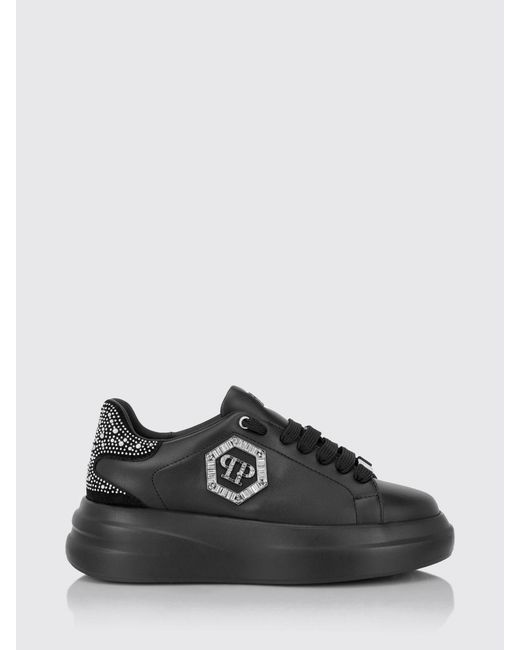 Philipp Plein Black Leather Chunky Sneakers With Hexagon Logo And Rhinestones