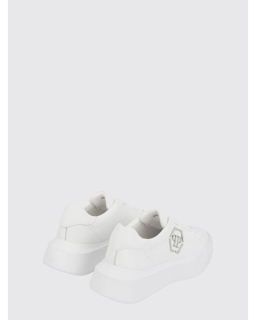 Philipp Plein White Low-Top Leather Sneakers With Hexagon Logo And Platform Sole for men