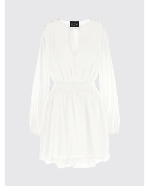 Giovanni bedin White Slim Fit Cotton Mini Dress With V-Neck And Long Sleeves