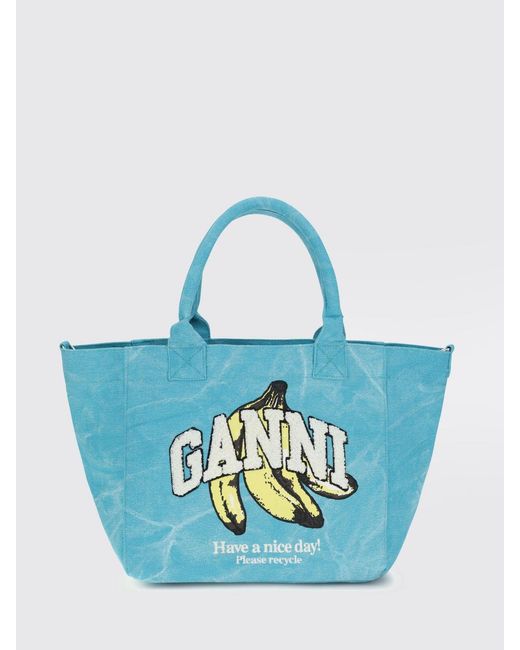Ganni Blue Recycled Cotton Tote Bag With Fruit Print And Embroidered Logo