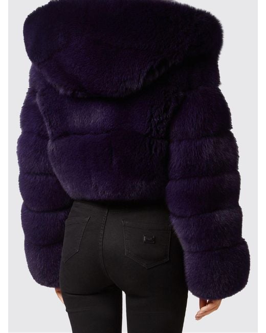 Philipp Plein Blue Bomber Jacket With Fox Fur Hood