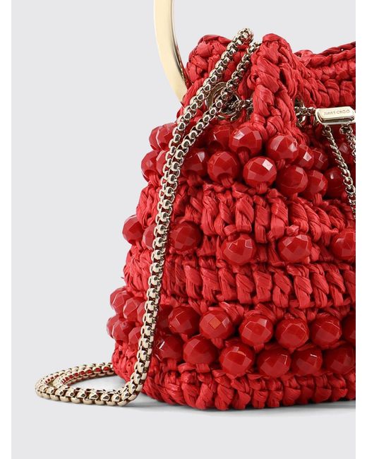 Jimmy Choo Red Bon Bon Crochet Raffia Bag With Faceted Beads