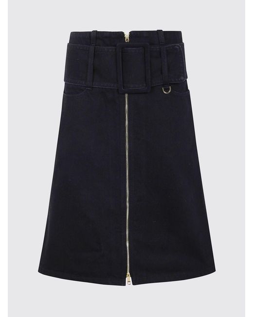 Patou Black Cotton Zipped Belted Midi A-Line Skirt