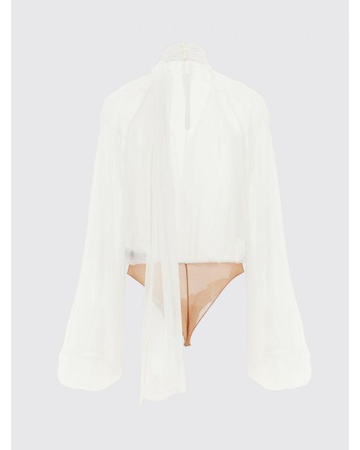 Elisabetta Franchi White Draped Crêpe Blouse With Scarf Neck And V-Neck