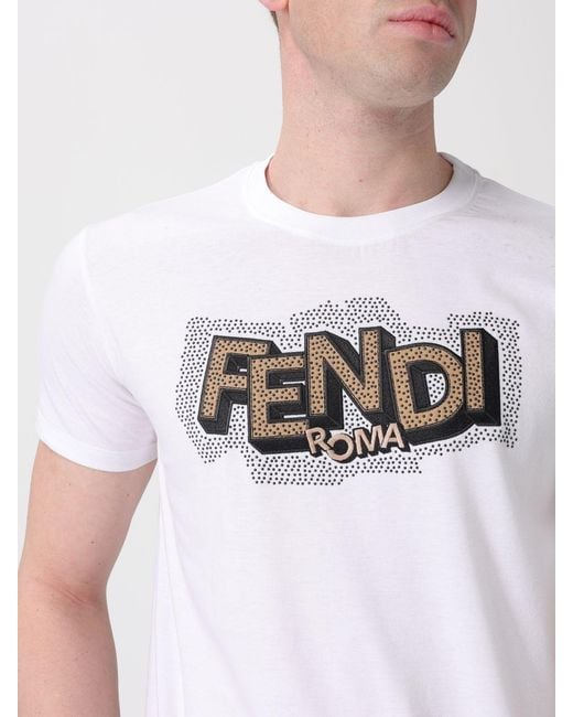 Fendi White Slim Cotton T-Shirt With Rhinestones for men