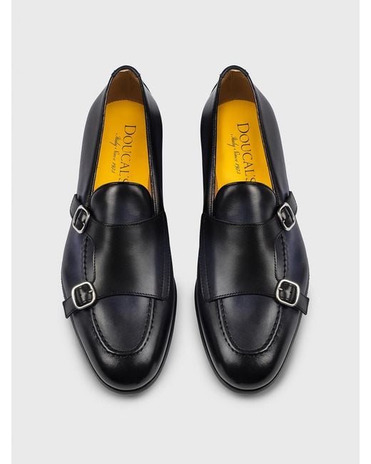 Doucal's Blue Leather Monk Strap Shoes for men