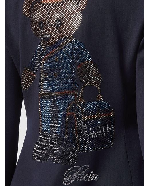 Philipp Plein Blue Marine Double-Breasted Wool Blend Blazer With Teddy Bear Print And Rhinestones