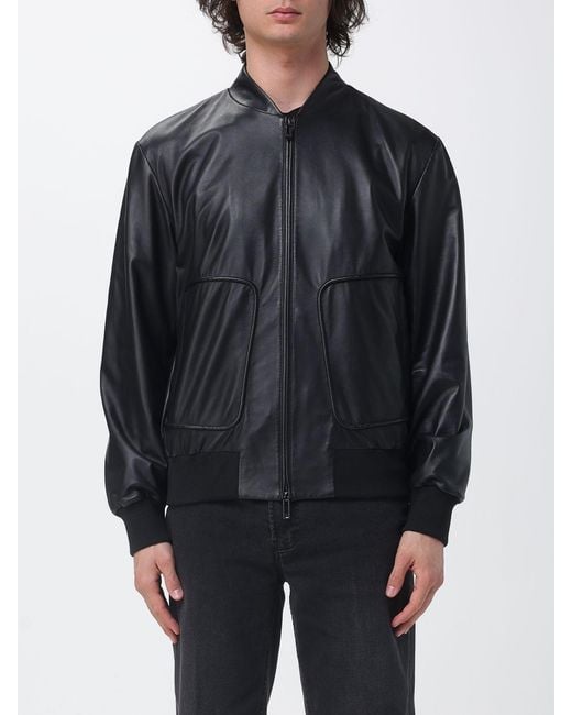 Emporio Armani Blue Leather Bomber Jacket for men