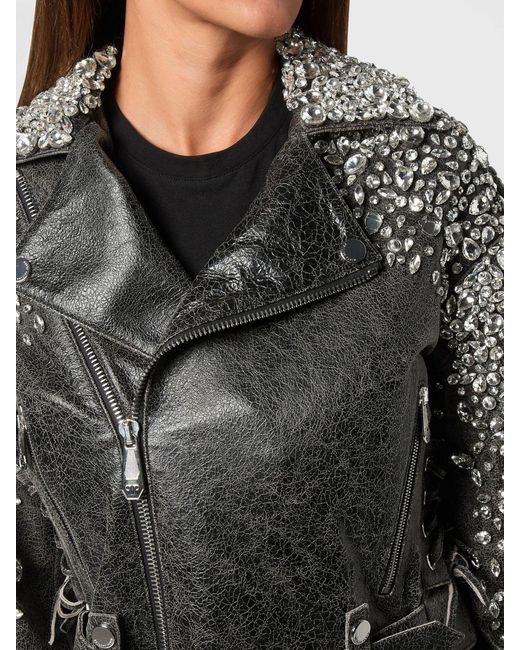 Philipp Plein Black Cropped Leather Biker Jacket With Crystals And Belt