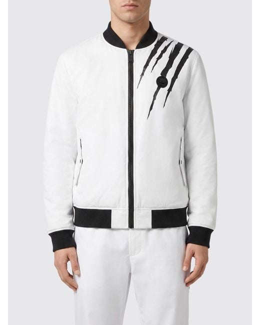 Philipp Plein White Scratch Nylon Bomber Jacket With Contrast Logo And Pockets for men