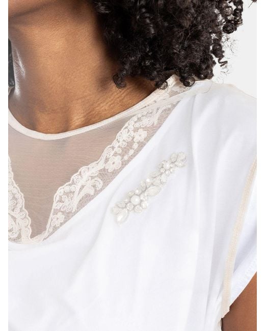 Simone Rocha White Cotton T-Shirt With Embroidered Tulle Inserts And Crystals