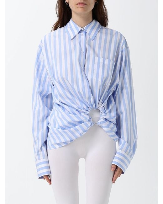 Sportmax Blue Relaxed Fit Striped Cotton Shirt With An Asymmetrical Hem