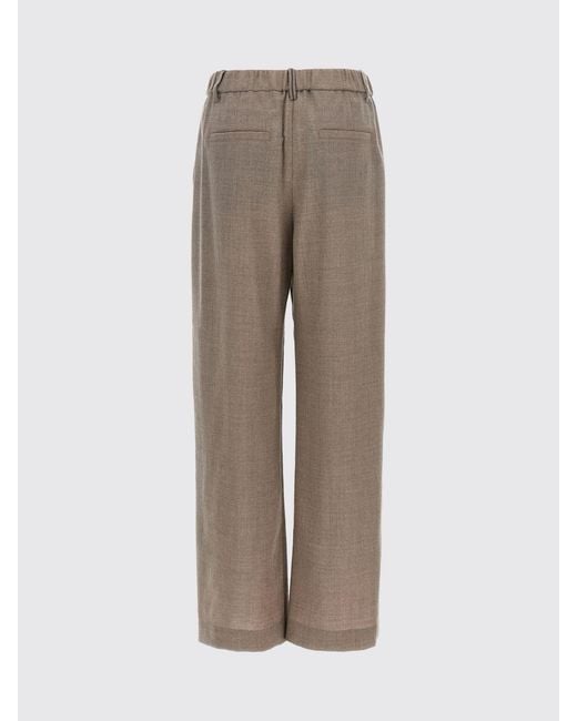 Brunello Cucinelli Natural High-Waisted Virgin Wool Wide Leg Trousers With Monili