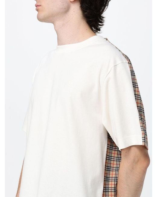 Burberry White Cotton T-Shirt With Vintage Check Inserts And Ekd Logo for men