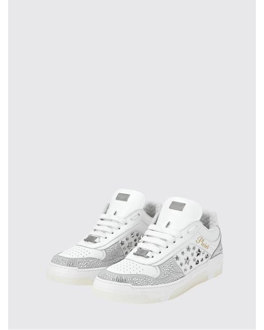 Philipp Plein White Low-Top Leather And Suede Sneakers With Studs And Rhinestones for men