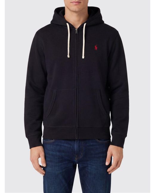 Polo Ralph Lauren Blue Cotton Blend Zip-Up Hoodie With Embroidered Pony Logo for men